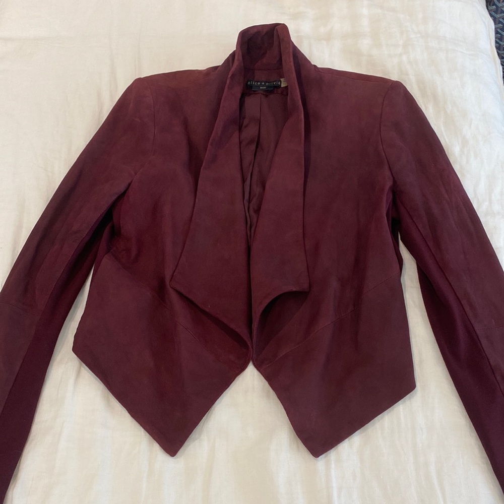 ALICE + OLIVIA MAROON SUEDE LEATHER DRAPE JACKET